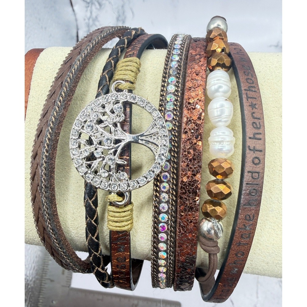 Tree of Life Leather Wrap Bracelet 7 Strand Magnetic Clasp Inspirational Quote